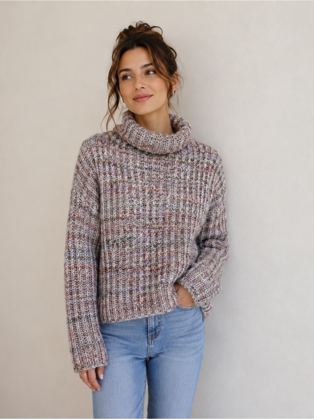 Madewell Rayner Chunky Marled Orchid Mock Neck Cable Knit Winter Sweater Size XS